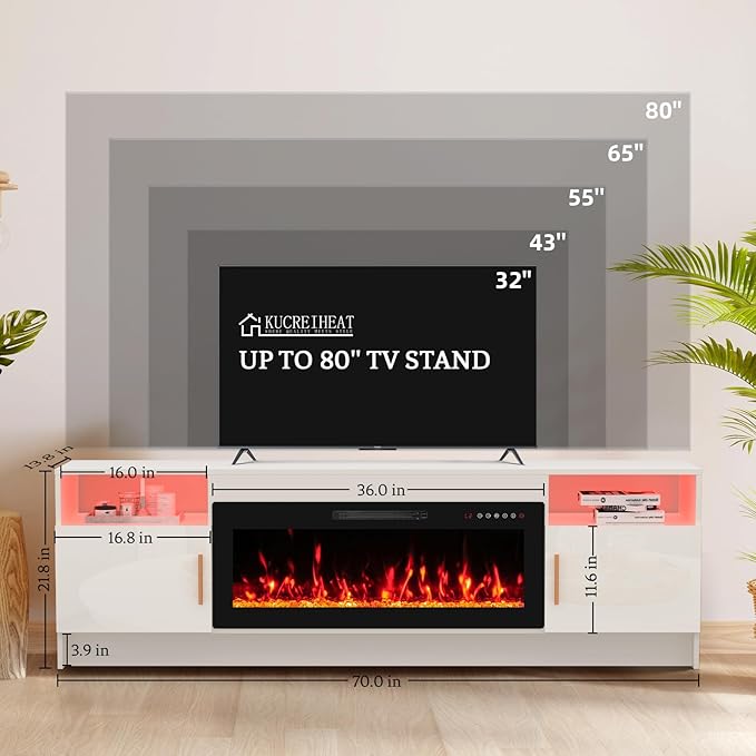 70'' TV Stand with Fireplace-White Entertainment Center for 75+ inch TV- TV Cabinet with LED Light, Storage, High Glossy Door, Modern TV Console for Living Room