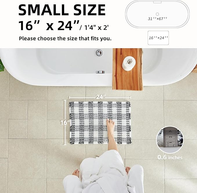 Waffle Bath Mat, Boho Bathroom Rugs Non Slip Washable Absorbent Checkered Bathroom Mat Quick Dry Farmhouse Bathroom Decor, 24"x16" Black and White