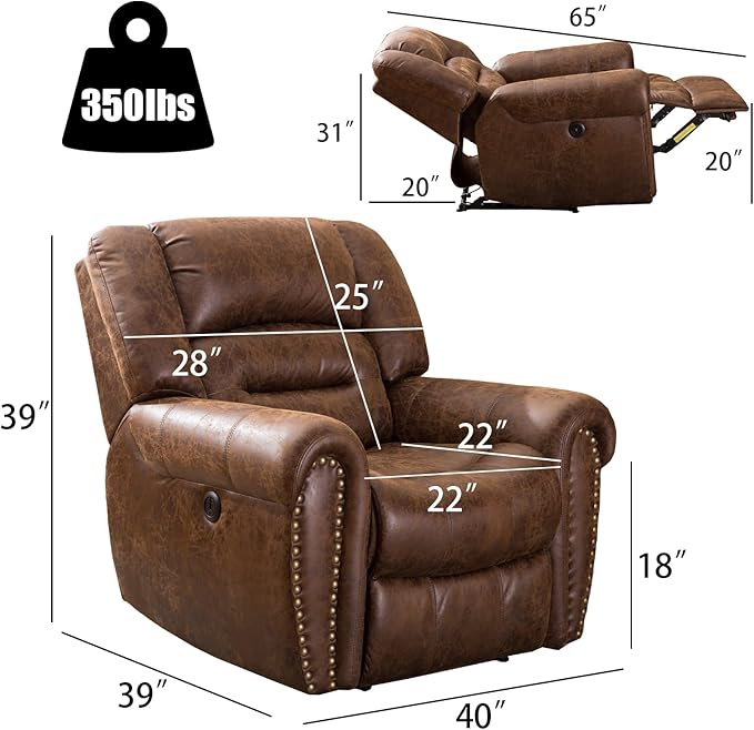 ANJ Electric Recliner Chair W/Breathable Bonded Leather, Classic Single Sofa Home Theater Recliner Seating W/USB Port (Nut Brown)