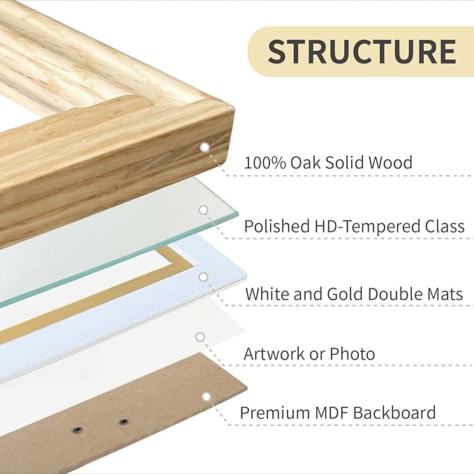 16x20 Picture Frame Matted to 11x14 ,16*20 Solid Oak Wood Picture Frames, 16 by 20 Premium wooden Photo Frame with Real HD Tempered Glass ,Ideal for Home Decor, Art Gallery , Vertical & Horizontal Wall Hanging Display，Oak Color, 1 Pack