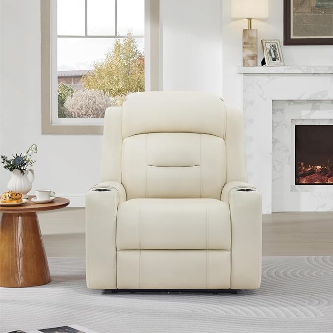 Watson & Whitely Genuine Leather Power Recliner Chairs for Adults, Lay Flat Recliner with Power Headrest, USB Ports and Cup Holders, Electric Reclining Sofa for Living Room, Bedroom, Cream