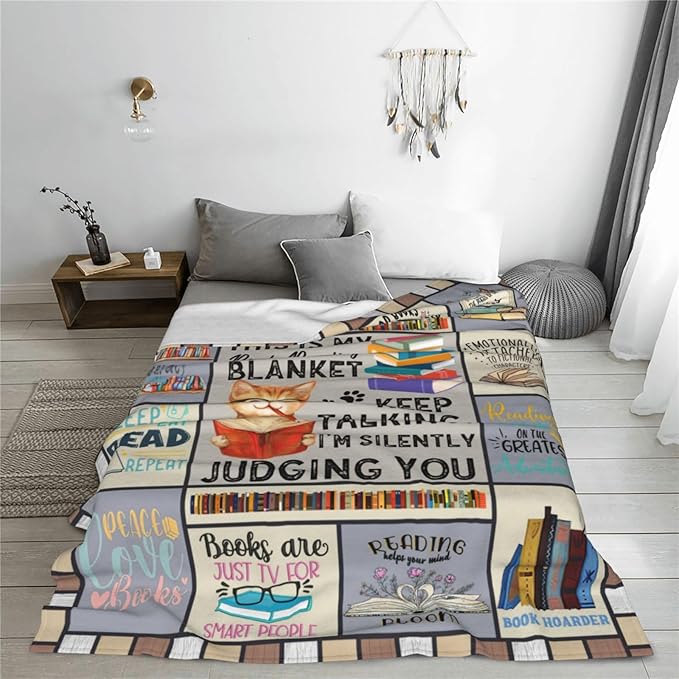 Wsradto Book Blanket Bookworm Throw Blanket Reading Lovers Gifts for Bookish Reader Librarian Plush Fleece Flannel for Couch Sofa Bed Room Decor 60"X80"
