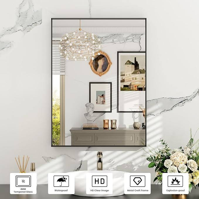 Black Bathroom Vanity Mirror 24x32 Inch, Rectangle Matte Black Mirror for Bathroom, Square Corner, Tempered Glass, Bedroom, Living Room, Entryway, Wall Mounted(Vertical/Horizontal)