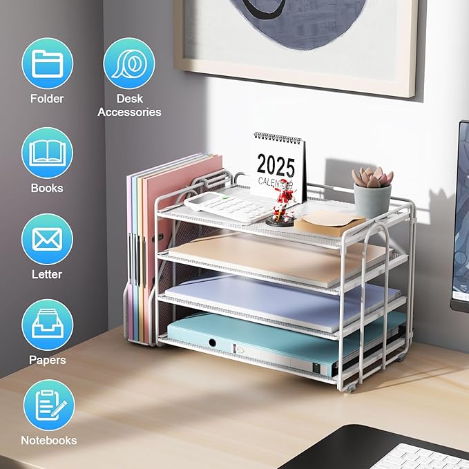 gianotter 4-Tier Paper Organizer With Magazine Holder, Desk Organizers and Accessories, White Desk Accessories, File Organizer for Office Supplies Storag(White)