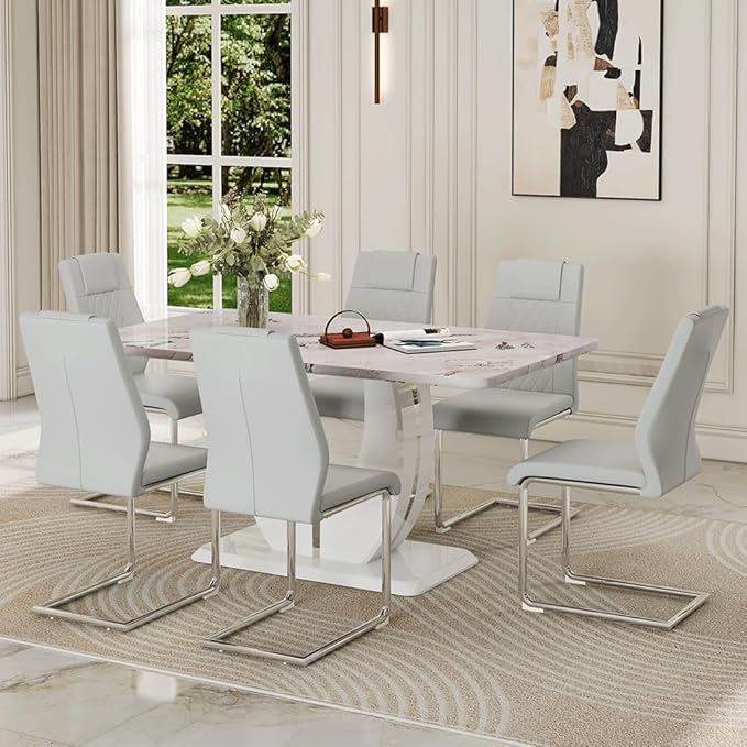 Dining Table Set for 6, Kitchen Table Chairs Set of 6, Modern Dining Room Set 63'' Faux Marble Dinner Table PU Leather Upholstered Chairs for Kitchen