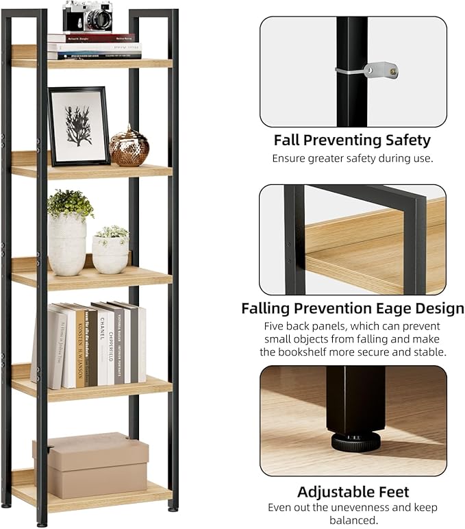 NUMENN Narrow Bookshelf, 5 Tier Bookshelves, Home Office Bookcase Shelf Storage Organizer, Free Standing Storage Shelving Unit for Bedroom, Living Room and Home Office, Natural