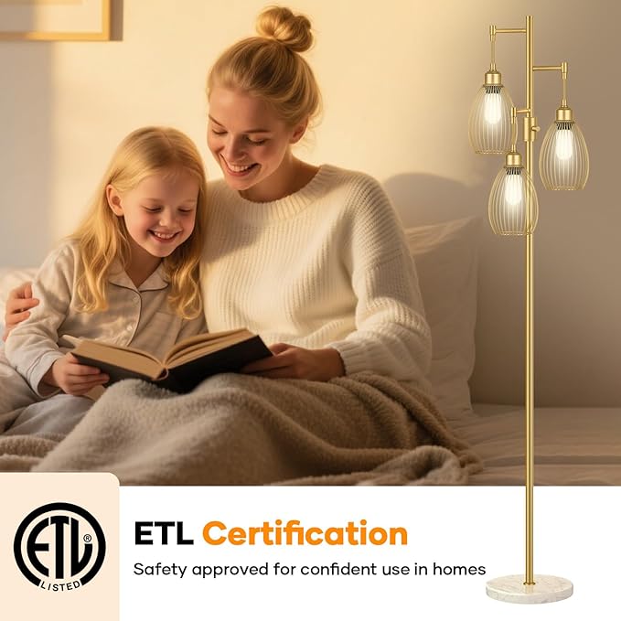 Dimmable Floor Lamp,3x800LM LED Bulbs Included, Farmhouse Industrial Floor Lamp Standing Tree Lamp with Teardrop Cage Head Tall Lamp for Living Room Bedroom Office Dining Room - Gold & Marble Base