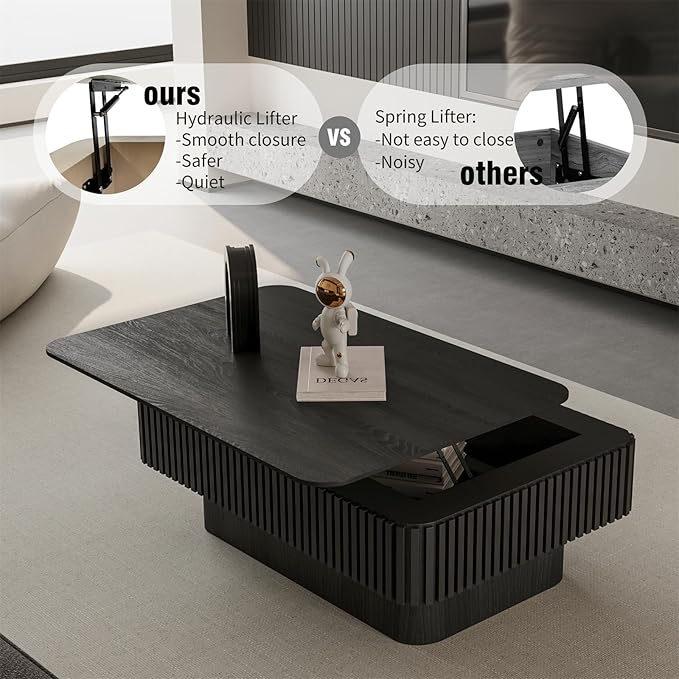 Lift Top Coffee Table for Living Room,Rectangle Handmade Solid Wood Strips, Fluted Coffee Table with Hidden Storage Compartment for Small Space Office Apartment (38.6"L×26.8''W×13.8''H-Black)