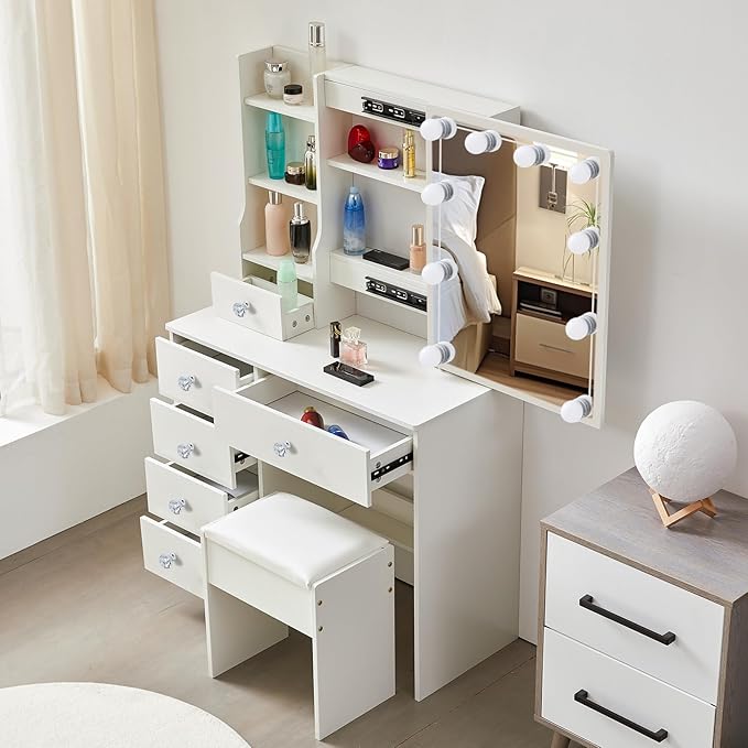 Girls Vanity Set, 3 Color Modes, 5 Storage Drawers 6 Cabinets Makeup Table with Mirror and Lights, White Dressing Table with Cushioned Stool for Home and Bedroom