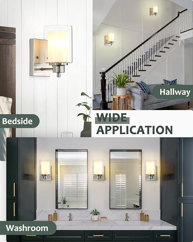 3 Pack Bath Vanity Light Fixtures 1-Light, Indoor Brushed Nickel Wall Light with Dual Glass Shade, Farmhouse Bathroom Wall Scone