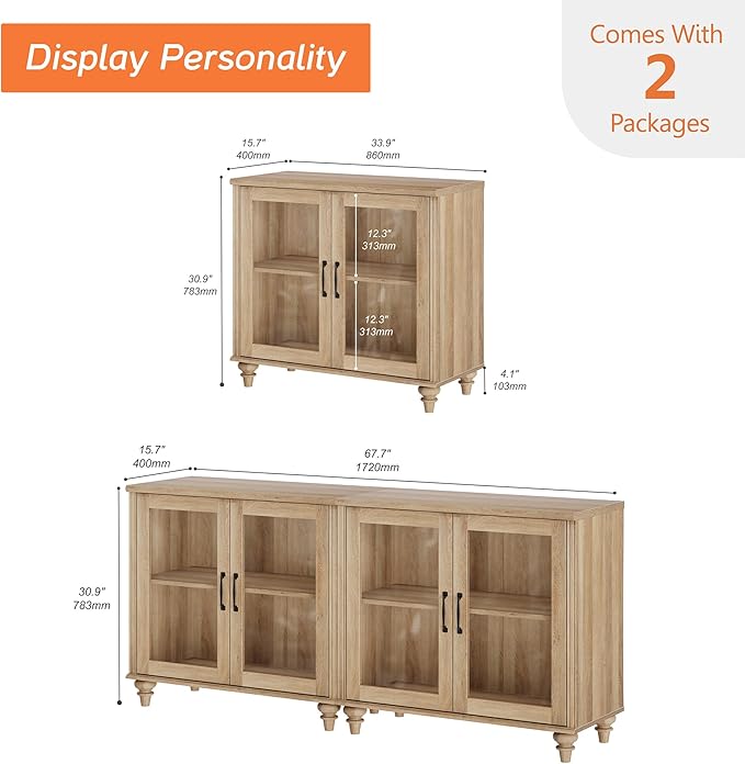 WAMPAT Farmhouse TV Stand for 75 inch TV with 4 Glass Doors, Wood Universal TV Stand with 4 Storage Cabinets, Oak Entertainment Center TV Console Table for Living Room, Bedroom