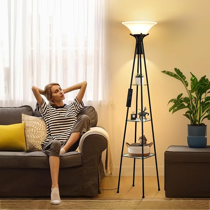 Floor Lamp with Shelves, 69” Tall Shelf Lamp with Remote Control, 3-Tier Glass Shelf Lamp, Dimmable Torchiere Floor Lamps for Living Room, Bedroom, Home Office, 3 Color Temperatures Bulbs Included