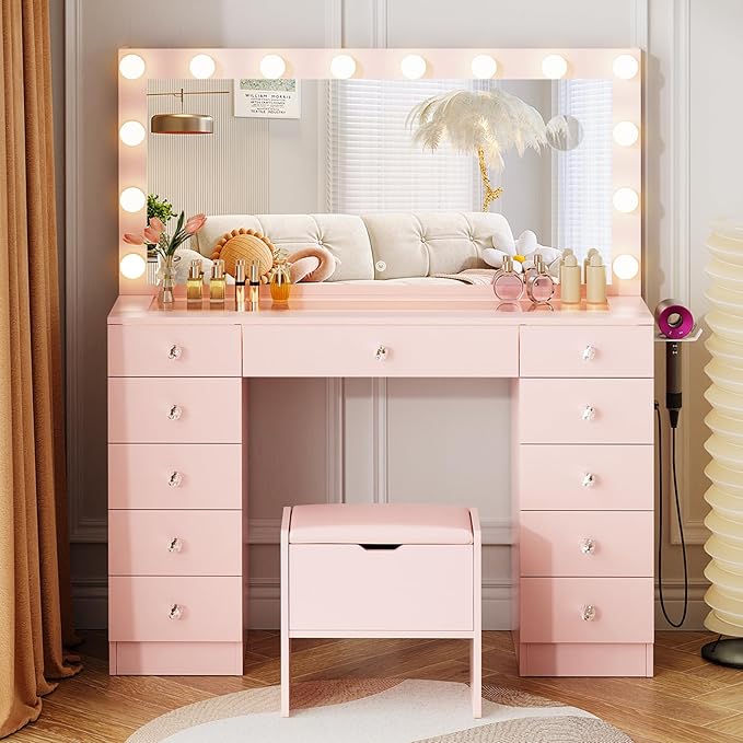 VOWNER Vanity with Lighted Mirror - Makeup Vanity Desk with Glass Top and 11 Drawers, 3 Color Lighting Modes Adjustable Brightness, 46" Vanity Table with Soft Cushioned Stool for Bedroom, Pink