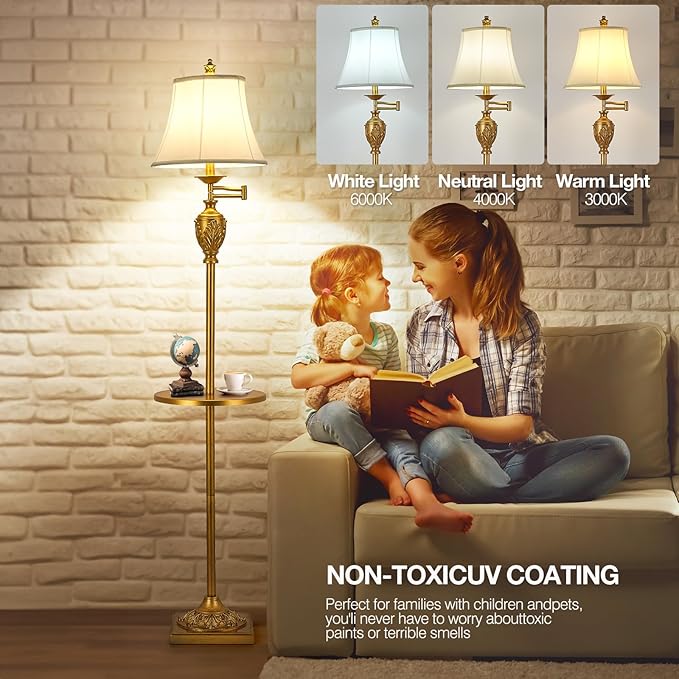 Traditional LED Floor Lamp with 350° Adjustable Swing Arm Lamp – Vintage Standing Pole lamp for Living Room, Bedroom and Office – Rustic Upright Floor Light for Home Décor with Silk Fabric Shade