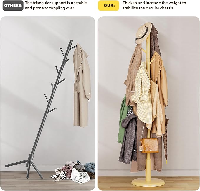 Solid Wood Coat Rack Freestanding Coat Tree with 10 Hooks for Bedroom, Livingroom, Entryway, Sturdy Coat Hanger Stand for Hats, Coats, Scarves, Handbags, Purses