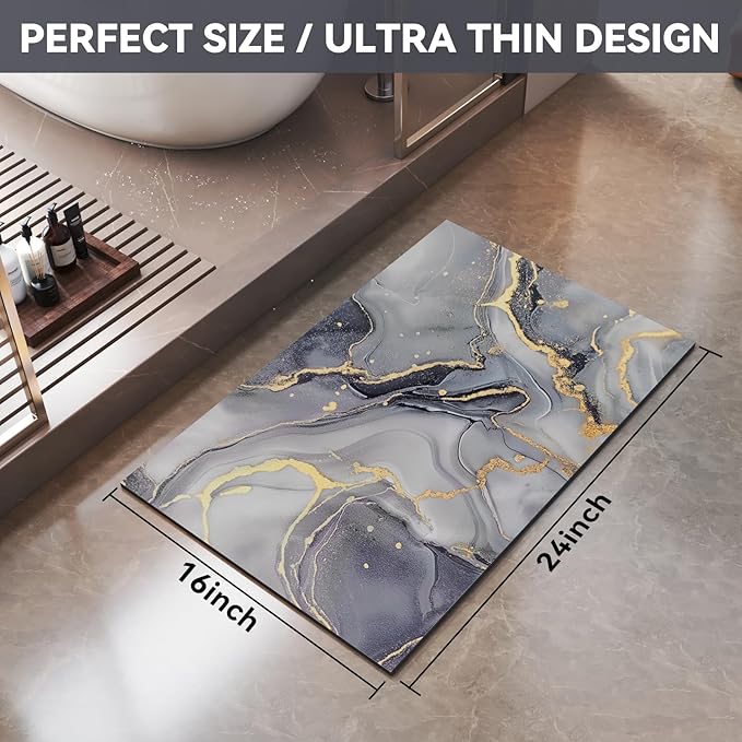 Non Slip Bath Mat Ultra Thin Bathroom Rug Fit Under Door, Rubber Backing Quick Dry Super Absorbent Washable Shower Bath Mats Grey 16x24