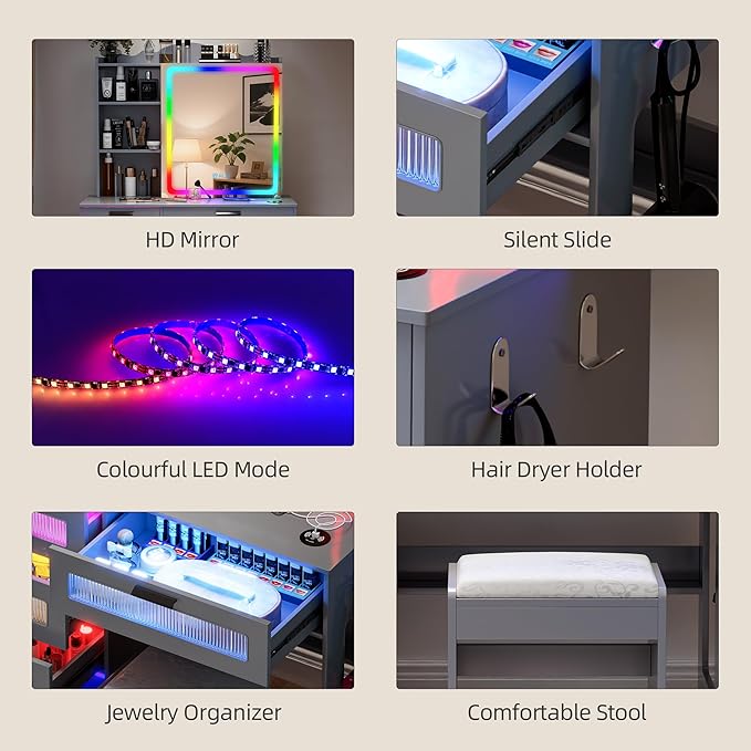 LED Vanity with Sliding Mirror, Smart Makeup Table with 5 Drawers 6 Shelves, Make Up Vanity Desk with Charging Station 14 Color Lighting Modes, Cushioned Stool, USB Type-C for Bedroom Gray