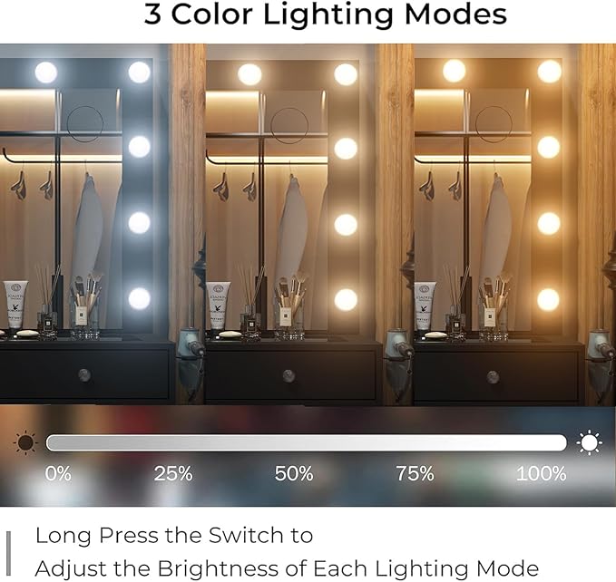 Vanity Desk & Power Outl, Makeup Table with Mirror and 12 LED Lights, Makeup Table with 11 Drawers, 3 Lighting Modes Brightness Adjustable(Black)