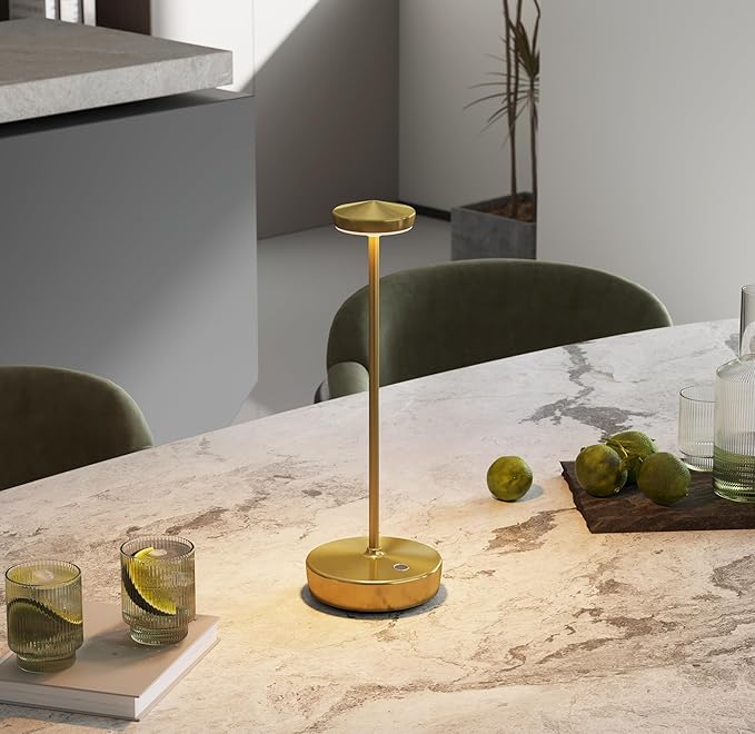 Cordless Table Lamp Rechargeable - LED Battery Table Light with 3 Color Temperatures, Stepless Dimming, Waterproof Aluminum for Indoor Outdoor, Patio, Restaurant, Dinner (Brushed Gold)