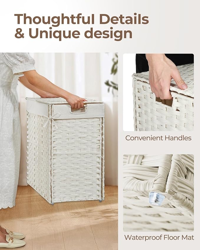 Greenstell Laundry Hamper with lid, No Install Needed, 130L Wicker Laundry Baskets Foldable 2 Removable Liner Bags, 2 Section Clothes Hamper Handwoven Rattan Laundry Basket with Handles, White