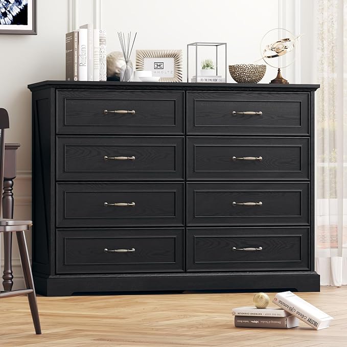 Dresser for Bedroom with 8 Drawer, Farmhouse Dresser for Closet,47'' Wide Rustic Wooden Chest of Drawers with Natural Wood Texture, Vintage Storage Organizer for Living Room, Hallway, Black