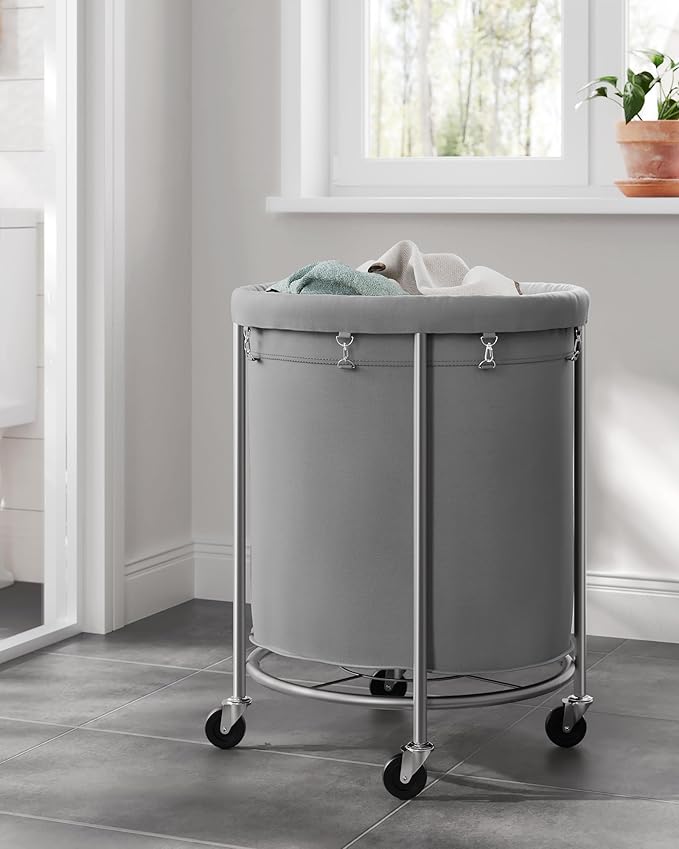 SONGMICS 50.2-Gallon (190 L) Laundry Basket with Wheels, Rolling Round Heavy-Duty Laundry Hamper Cart with Steel Frame and Removable Bag, 2 Locking Wheels, Gray and Metallic Silver URLS001G01