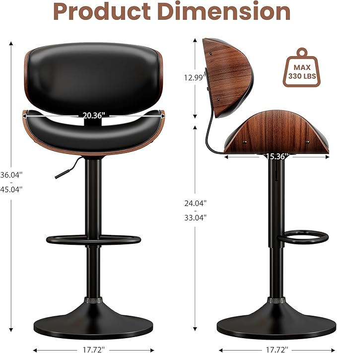 Bar Stools Set of 4, Bentwood Adjustable Height Swivel Bar Stools, PU Leather Upholstered Bar Chair with Back and Footrest for Bar, Kitchen, Dining Room, Black