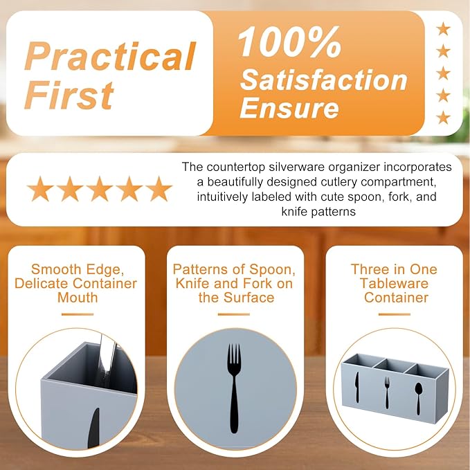 Suzile Acrylic Cutlery Storage Organizer Bin Silverware Caddy Countertop Knife Spoon and Fork Holder Kitchen 3 Section Tableware Storage Box for Cabinet Indoor Home Flatware Dining Room (Gray,M)