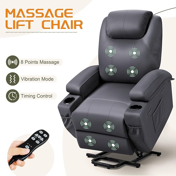 VICTONE Electric Power Lift Recliner Chair for Elderly Reclining Sofa for Living Room with Massage, Side Pockets and Cup Holders (Fabric, Navy Blue)