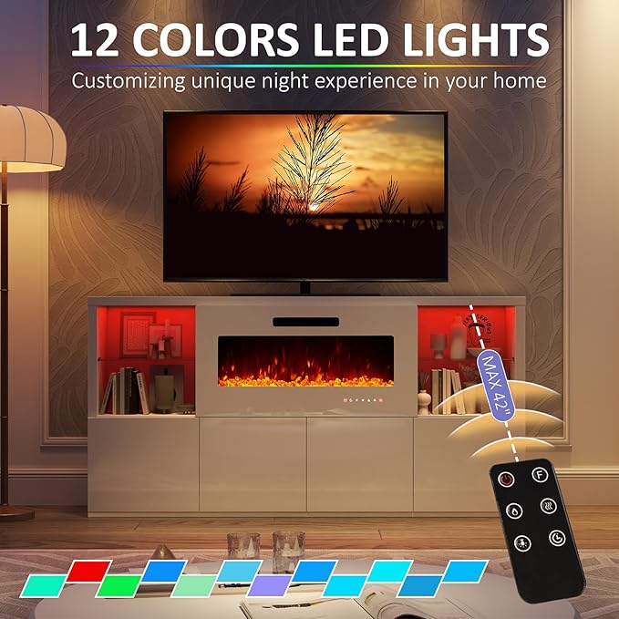 68" Modern Fireplace TV Stand for TVs up to 75", High Gloss Entertainment Center with 40" Fireplace, 4 Shelves & Storage Cabinets, Media Console Table, All Gloss White