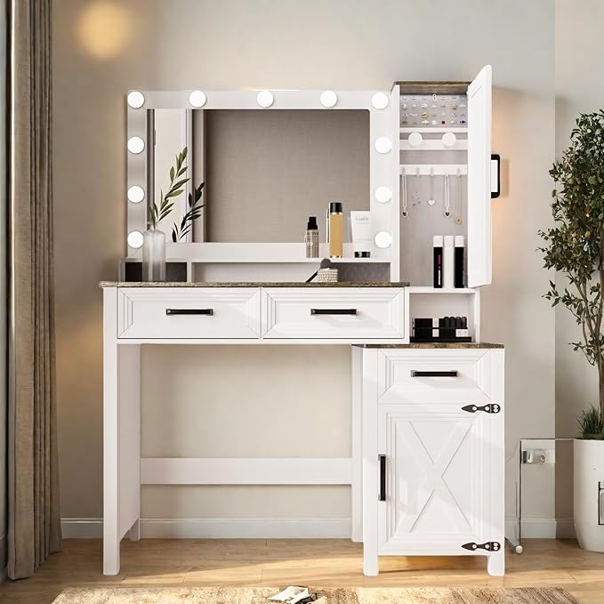 Makeup Vanity, Farmhouse Vanity with Square Mirror & Tricolor Lighting Adjustment, 43'' Fashion Makeup Desk with Two Spacious Drawers, Side Storage Cabinet & Built-in Charging Station, White