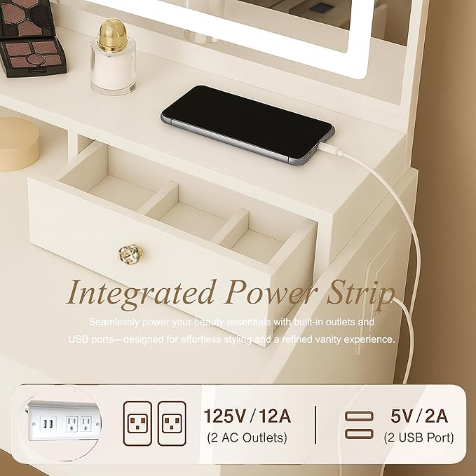 White Vanity Desk with Large Full Size Led Lighted Mirror, 31" Makeup Vanity Table with 5 Storage Drawers, Power Outlet & Hair Dryer Holder, Modern Small Dressing Table for Small Space,Dorm, Bedroom