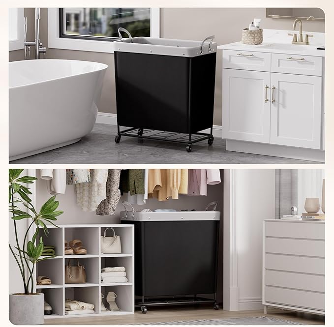 Lifewit 240L Laundry Basket with Wheels, Large Heavy Duty Commercial Rolling Laundry Hamper with Handles, Tall Steel Frame Laundry Cart for Laundry Room Bedroom Hotel Home Dorm, Black