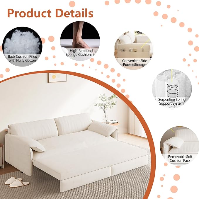 66-Inch Queen Size Convertible Sleeper Sofa Bed, 3-in-1 Pull-Out Futon Loveseat, Velvet Love Seat Couch with Side Pocket for Living Room, Office, Apartment, RV, Hide-A-Bed Fold Out Sofa&Couch