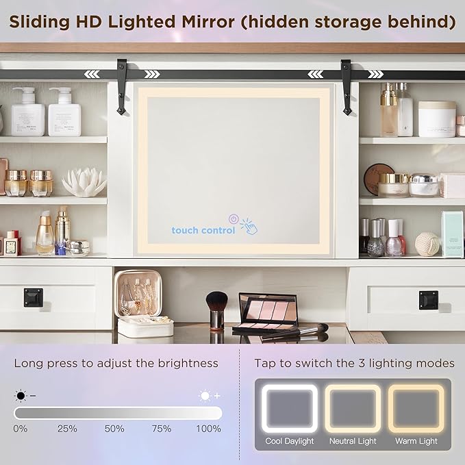 T4TREAM 48'' Farmhouse Makeup Vanity Desk with Sliding HD Mirror and Lights, Big Modern Lighted Vanity Table with 7 Drawers & Shelves, Rustic Large Dressing Table, Antique White