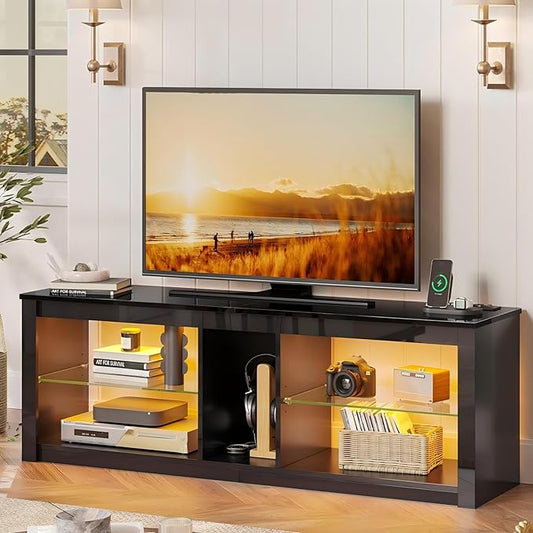 Bestier LED TV Stand for 55/60/65 Inch TV, High Gloss Gaming TV Stand with Power Outlet, Black Entertainment Center with Storage for Living Room, Bedroom, 55 Inch TV Console with Adjustable Shelves