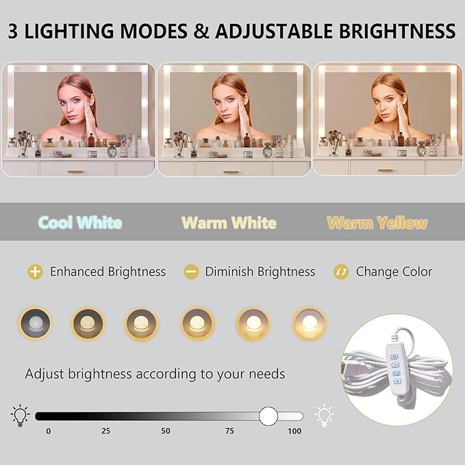 Vanity Desk with 38" Large Mirror and 9 LED Lights, Adults Makeup Vanity with 7 Storage Drawers and Glass Top & Power Outlet and RGB Ambient Lights, Dressing Table for Bedroom, Modern White