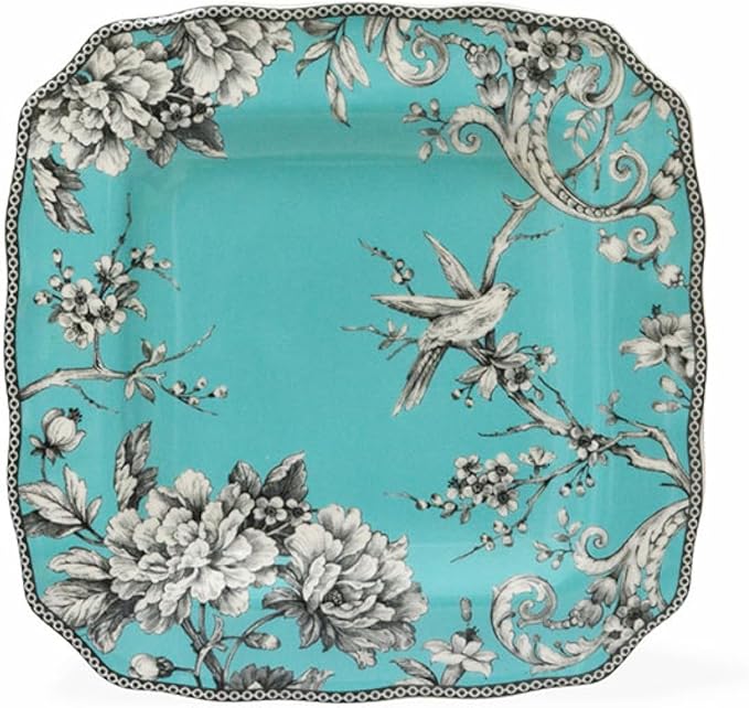 222 Fifth Adelaide 16-Piece Square Floral Dinnerware Set – Service for 4, Turquoise Porcelain Plate, Bowl & Mug Set, Chip Resistant, for Everyday Dining & Entertainment, Microwave & Dishwasher Safe