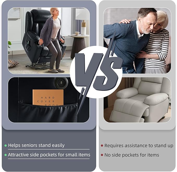 Power Lift Recliner Chair for Elderly, Electric Recliner Chairs for Adults with Massage and Heat, Cup Holders, Remote Control, USB Ports, Side Pockets, Leather (Ink Black) ﻿