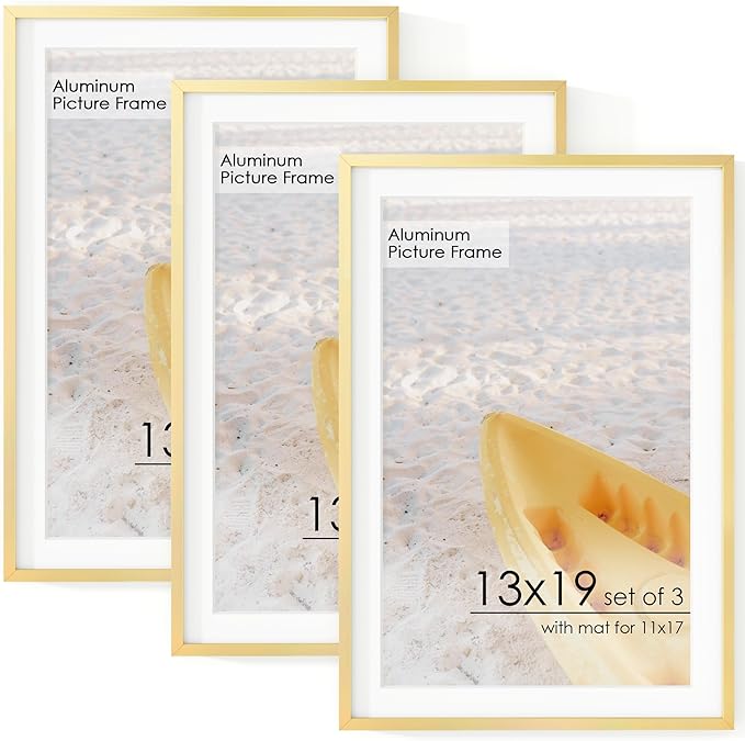 13x19 Metal Picture Frame for Wall With Mat for 11x17, 13''x19'' Aluminum Photo Frames With Tempered Glass for Home Decor, Minimalist Modern Poster Frame Horizontal And Vertical Formats, 3 PCs, Gold