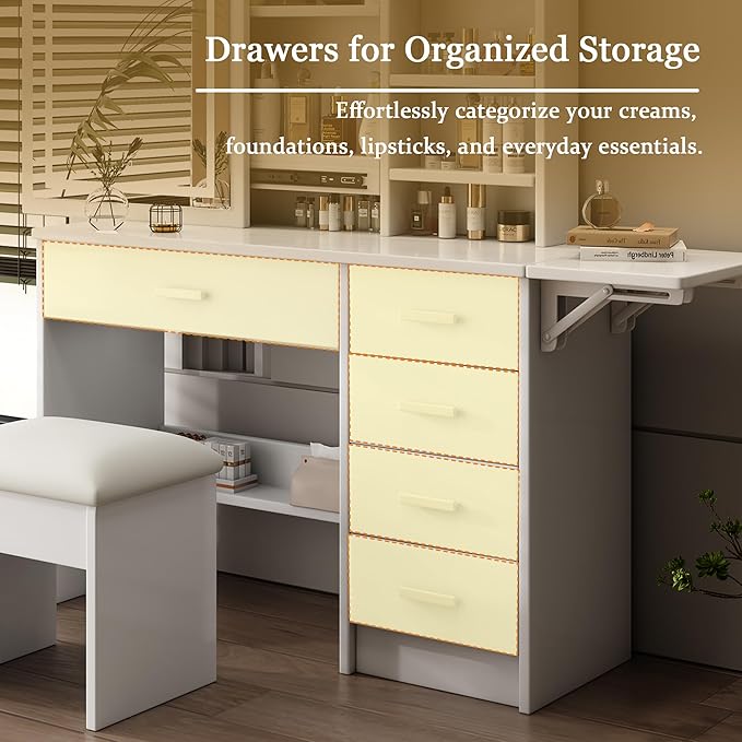 Stylish Vanity Desk with Mirror and Lights, White Dressing Table Set with Chair, 5 Drawers & Open Shelves, Adjustable 3-Color LED Lighting, Perfect for Bedroom Makeup