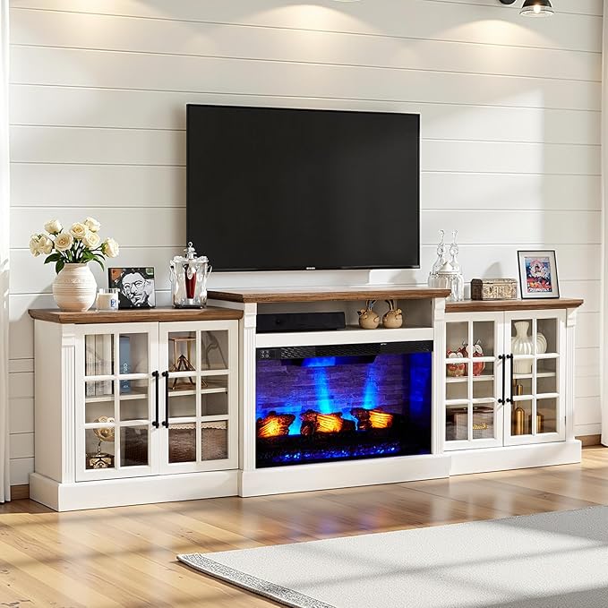 AMERLIFE 97" Farmhouse Fireplace TV Stand, Entertainment Center with Large Storage Space and Adjustable Shelf, Media Console for Living Room, White/Barnwood