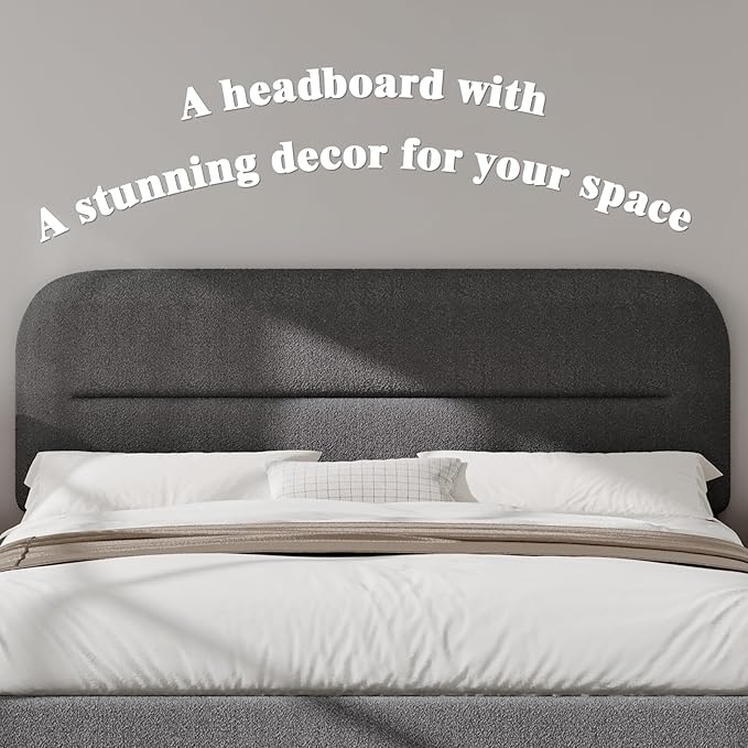 Full Size Boucle Bed Frame, Soft Upholstered Bed Frame with Headboard, Thickened Footboard, Rounded Corners, No Box Spring Needed, Easy Assembly, Grey