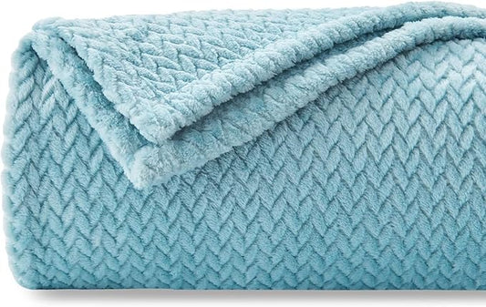 NEWCOSPLAY Super Soft King Blanket Light Blue Premium Silky Flannel Fleece Leaves Pattern Lightweight Bed Blanket All Season Use (Light Blue, King(90"x110"))