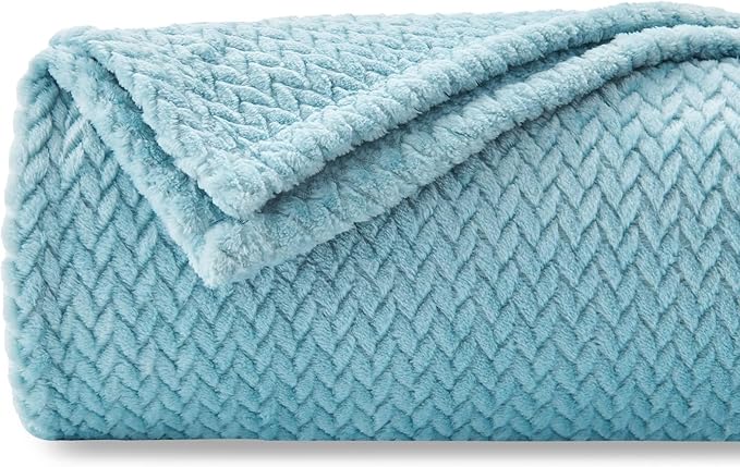 NEWCOSPLAY Super Soft Queen Blanket Light Blue Premium Silky Flannel Fleece Leaves Pattern Lightweight Bed Blanket All Season Use (Light Blue, Queen(90"x90"))