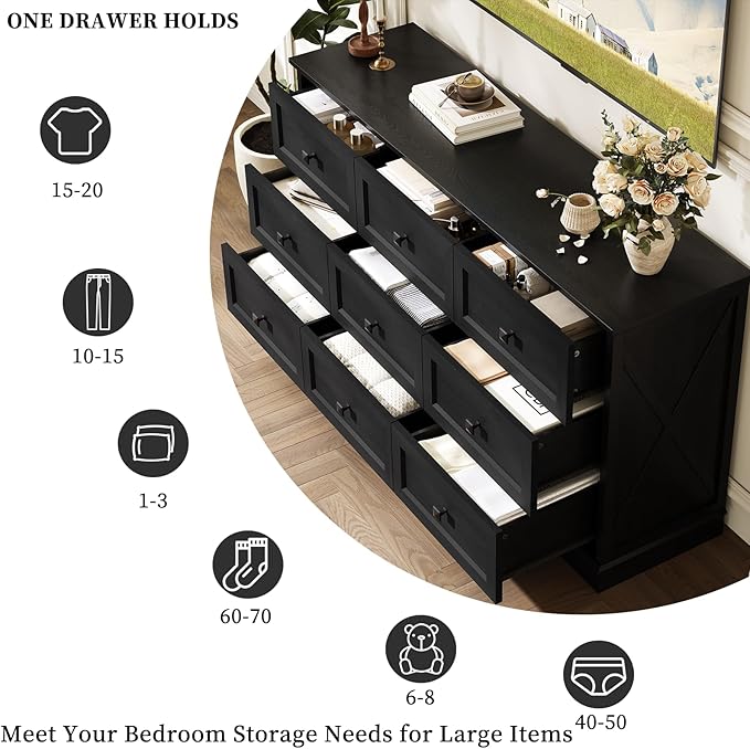Farmhouse 9 Drawers Dresser Chests for Bedroom, Black 9 Drawers TV Stand, Long Wood Dressers Organizer for Closet, Modern Storage Organizer Cabinet for Bedroom, Hallway & Entryway