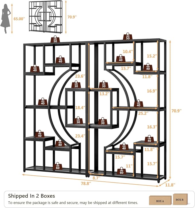 LGHM Bookshelf Set of 2 with Metal Frame, 5 Tier Geometric Bookcase, Adjustable Modern Book Shelf with 18 Open Storage Shelves, Display Shelf for Living Room, Office, Bedroom,Black