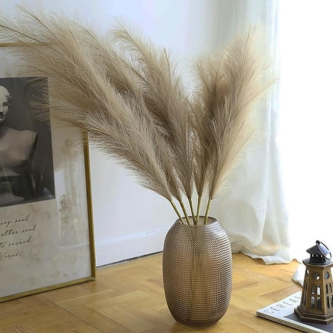 38" 10 Stems Faux Pampas Grass Decor - Tall Pampas Grass for Floor Vase Fluffy Artificial Pampas Grass for Boho Home Wedding Mothers Day Decoration（Brown）