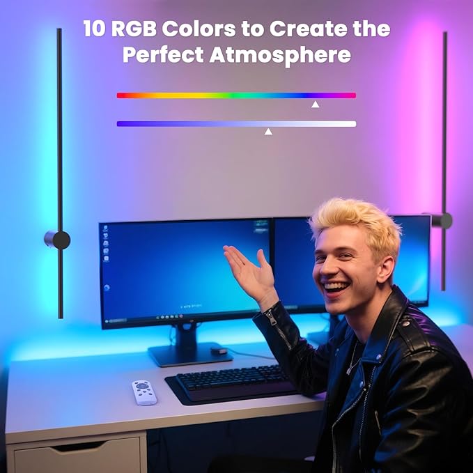 NIORSUN 35.4 Inch Battery Operated Wall Sconce Set of 2,Black Minimalist Rechargeable LED Wall Lights with Remote, 10 Colors Dimmable Wireless Wall Sconce for Living Room Bedroom Hallway