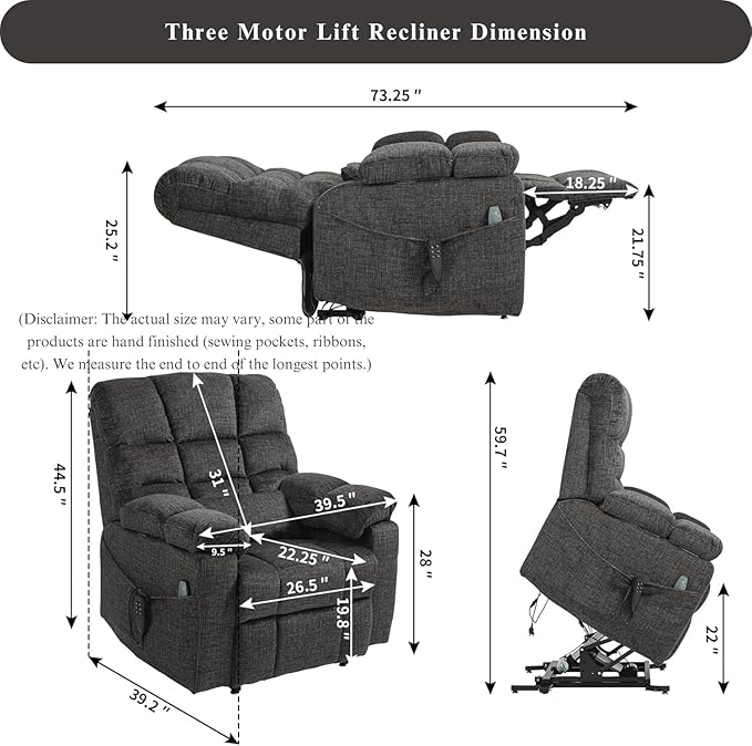 3-Motor Lift Chair with Adjustable Seat Height Zero Gravity Lay Flat Recliner with Heat Massage - Flip Arm Storage Cup Holders - Power Lift Recliner for Elderly – Big Tall 400 lbs (Dark Charcoal Grey)